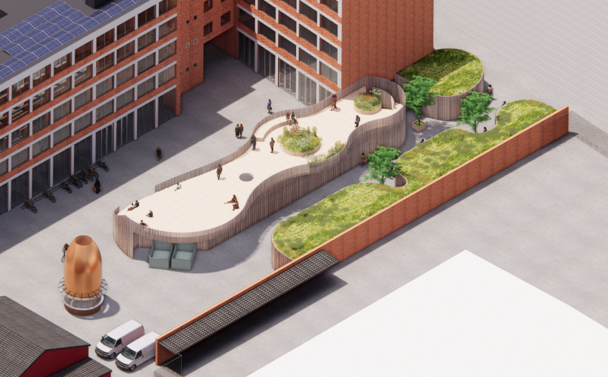 visualisering af miljøplads og genbrugsplads på Kofoeds Skole fra COBE A/S. Bygningerne med begrønning på taget er Københavns Kommunes kommende nærgenbrugsstation.