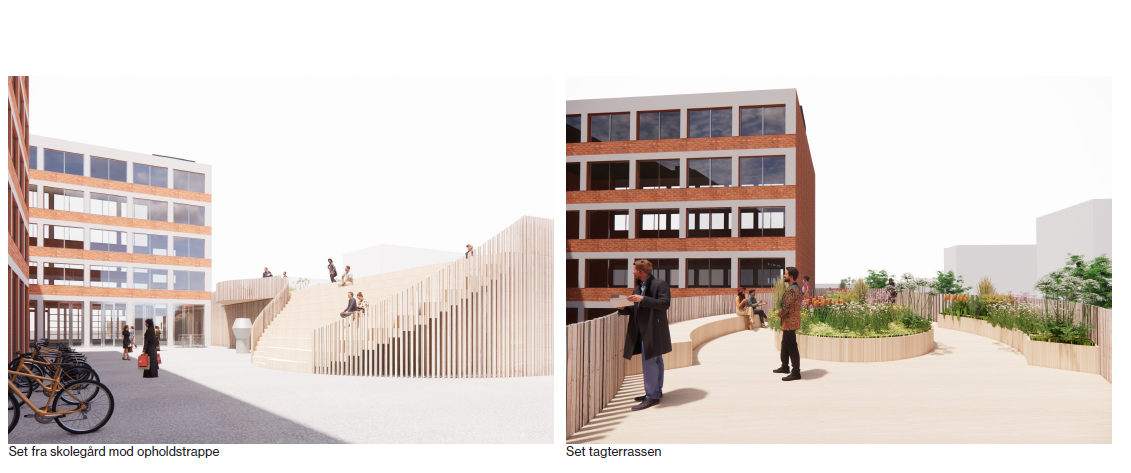 visualisering af miljøplads og genbrugsplads på Kofoeds Skole fra COBE A/S. Bygningerne med begrønning på taget er Københavns Kommunes kommende nærgenbrugsstation.